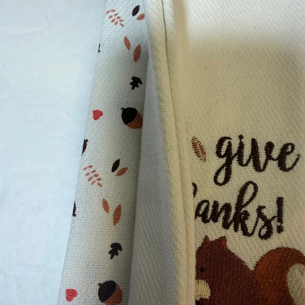 Sleeping Partners Give Thanks Squirrel Acorn Cotton Kitchen Towels Set of 2 Fall